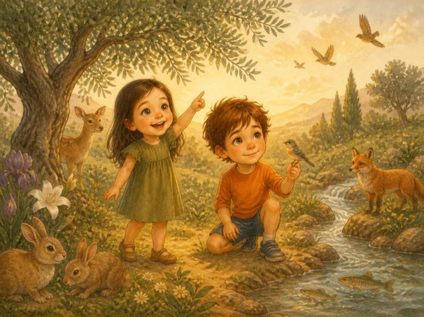 Watercolor of Eli and Olive in the creation garden