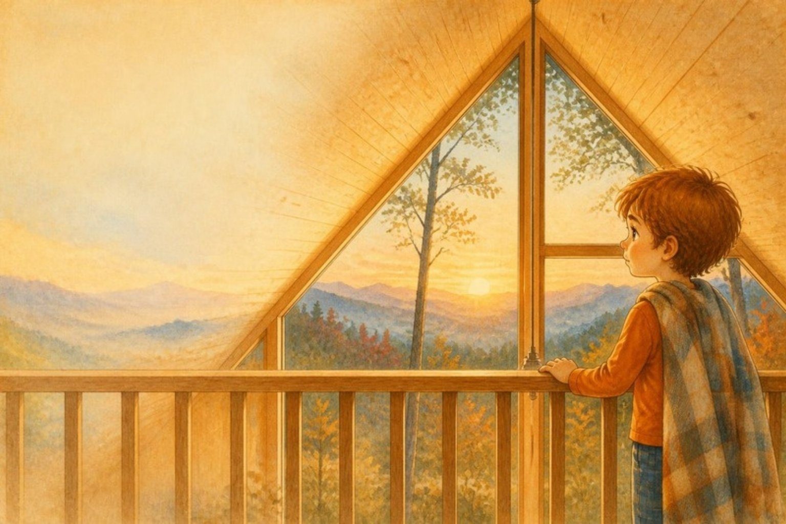 Watercolor of Eli watching the sunrise from his cabin loft